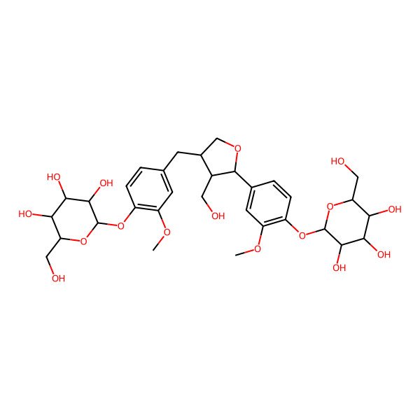 2D Structure of 2-(Hydroxymethyl)-6-[4-[[4-(hydroxymethyl)-5-[3-methoxy-4-[3,4,5-trihydroxy-6-(hydroxymethyl)oxan-2-yl]oxyphenyl]oxolan-3-yl]methyl]-2-methoxyphenoxy]oxane-3,4,5-triol
