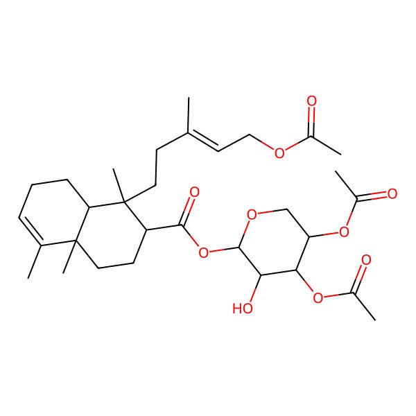 2D Structure of [(2R,3S,4S,5S)-4,5-diacetyloxy-3-hydroxyoxan-2-yl] (1R,2R,4aR,8aR)-1-[(E)-5-acetyloxy-3-methylpent-3-enyl]-1,4a,5-trimethyl-2,3,4,7,8,8a-hexahydronaphthalene-2-carboxylate