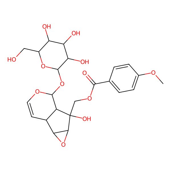 2D Structure of [(1R,2S,4S,5S,6S,7S)-5-hydroxy-7-[(2S,3R,4S,5S,6R)-3,4,5-trihydroxy-6-(hydroxymethyl)oxan-2-yl]oxy-3,8-dioxatricyclo[4.4.0.02,4]dec-9-en-5-yl]methyl 4-methoxybenzoate