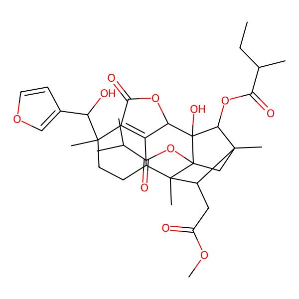 2D Structure of [12-[Furan-3-yl(hydroxy)methyl]-7-hydroxy-16-(2-methoxy-2-oxoethyl)-2,5,12-trimethyl-3-(2-methylpropanoyloxy)-10-oxo-9-oxapentacyclo[6.6.1.12,5.03,7.011,15]hexadec-11(15)-en-6-yl] 2-methylbutanoate