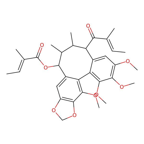 2D Structure of [(8R,9R,10R,11R)-3,4,5,19-tetramethoxy-9,10-dimethyl-8-[(E)-2-methylbut-2-enoyl]-15,17-dioxatetracyclo[10.7.0.02,7.014,18]nonadeca-1(19),2,4,6,12,14(18)-hexaen-11-yl] (E)-2-methylbut-2-enoate