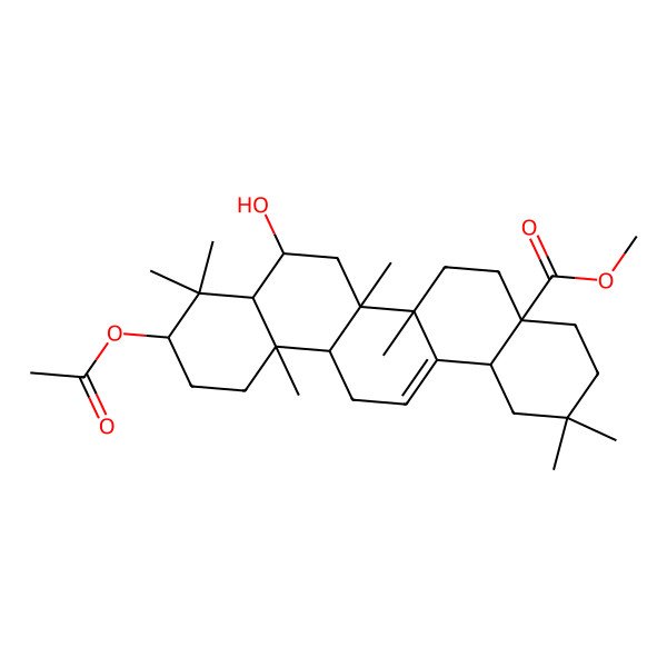 2D Structure of Methyl 10-acetyloxy-8-hydroxy-2,2,6a,6b,9,9,12a-heptamethyl-1,3,4,5,6,6a,7,8,8a,10,11,12,13,14b-tetradecahydropicene-4a-carboxylate 2D Structure of Methyl 10-acetyloxy-8-hydroxy-2,2,6a,6b,9,9,12a-heptamethyl-1,3,4,5,6,6a,7,8,8a,10,11,12,13,14b-tetradecahydropicene-4a-carboxylate