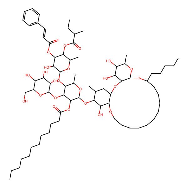 2D Structure of [(2S,3R,4R,5S,6S)-5-[(2S,3R,4S,5S,6S)-3-hydroxy-6-methyl-5-[(2S)-2-methylbutanoyl]oxy-4-[(E)-3-phenylprop-2-enoyl]oxyoxan-2-yl]oxy-6-methyl-2-[[(1S,3R,4S,5R,6R,8R,10S,22R,23R,24R,25S)-4,5,23-trihydroxy-6,25-dimethyl-10-pentyl-2,7,9,21-tetraoxatricyclo[20.4.0.03,8]hexacosan-24-yl]oxy]-4-[(2S,3R,4S,5S,6R)-3,4,5-trihydroxy-6-(hydroxymethyl)oxan-2-yl]oxyoxan-3-yl] dodecanoate