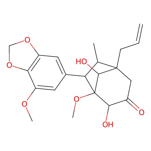 2D Structure of (1S,2R,5S,6S,7R,8S)-2,8-dihydroxy-1-methoxy-7-(7-methoxy-1,3-benzodioxol-5-yl)-6-methyl-5-prop-2-enylbicyclo[3.2.1]octan-3-one