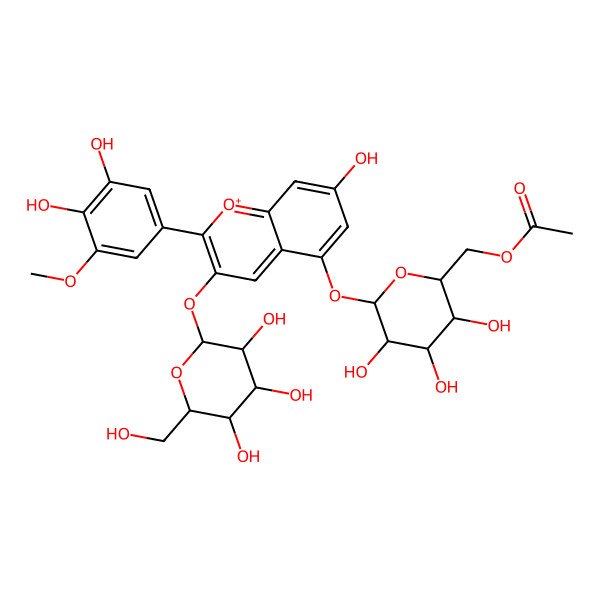 2D Structure of [(2R,3R,4S,5R,6S)-6-[2-(3,4-dihydroxy-5-methoxyphenyl)-7-hydroxy-3-[(2S,3R,4S,5R,6R)-3,4,5-trihydroxy-6-(hydroxymethyl)oxan-2-yl]oxychromenylium-5-yl]oxy-3,4,5-trihydroxyoxan-2-yl]methyl acetate