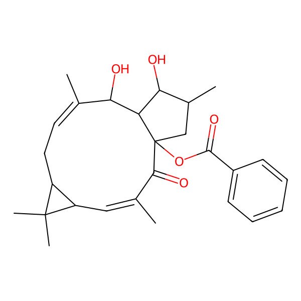 2D Structure of [(1R,3E,5R,7S,11S,12R,13S,14S)-11,13-dihydroxy-3,6,6,10,14-pentamethyl-2-oxo-1-tricyclo[10.3.0.05,7]pentadeca-3,9-dienyl] benzoate