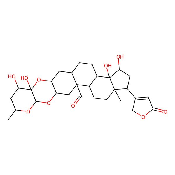 2D Structure of (1S,3R,5S,6R,8R,10S,12R,14R,15S,18R,19R,21R,22S,23R)-5,6,21,22-tetrahydroxy-8,18-dimethyl-19-(5-oxo-2H-furan-3-yl)-4,9,11-trioxahexacyclo[12.11.0.03,12.05,10.015,23.018,22]pentacosane-14-carbaldehyde