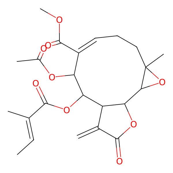 2D Structure of methyl (1S,2S,4R,7E,9R,10S,11R)-9-acetyloxy-4-methyl-10-[(Z)-2-methylbut-2-enoyl]oxy-12-methylidene-13-oxo-3,14-dioxatricyclo[9.3.0.02,4]tetradec-7-ene-8-carboxylate