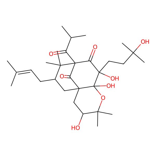 2D Structure of (1S,3S,6R,7S,9R,11S)-3,6,7-trihydroxy-7-(3-hydroxy-3-methylbutyl)-4,4,10,10-tetramethyl-11-(3-methylbut-2-enyl)-9-(2-methylpropanoyl)-5-oxatricyclo[7.3.1.01,6]tridecane-8,13-dione