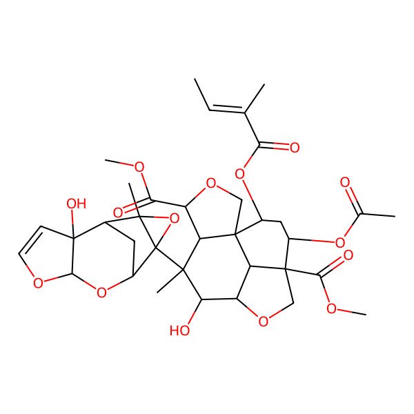 2D Structure of Dimethyl 12-acetyloxy-7-hydroxy-6-(2-hydroxy-11-methyl-5,7,10-trioxatetracyclo[6.3.1.02,6.09,11]dodec-3-en-9-yl)-6-methyl-14-(2-methylbut-2-enoyloxy)-3,9-dioxatetracyclo[6.6.1.01,5.011,15]pentadecane-4,11-dicarboxylate
