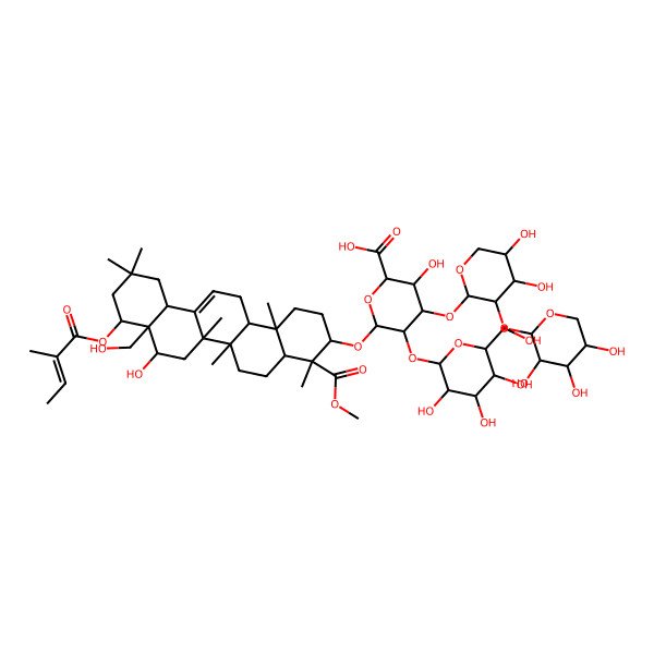 2D Structure of (2S,3S,4S,5R,6S)-6-[[(3S,4S,4aR,6aR,6bS,8R,8aR,9S,12aS,14aR,14bR)-8-hydroxy-8a-(hydroxymethyl)-4-methoxycarbonyl-4,6a,6b,11,11,14b-hexamethyl-9-[(Z)-2-methylbut-2-enoyl]oxy-1,2,3,4a,5,6,7,8,9,10,12,12a,14,14a-tetradecahydropicen-3-yl]oxy]-4-[(2S,3R,4S,5S)-4,5-dihydroxy-3-[(2S,3R,4S,5R)-3,4,5-trihydroxyoxan-2-yl]oxyoxan-2-yl]oxy-3-hydroxy-5-[(2S,3R,4S,5S,6R)-3,4,5-trihydroxy-6-(hydroxymethyl)oxan-2-yl]oxyoxane-2-carboxylic acid