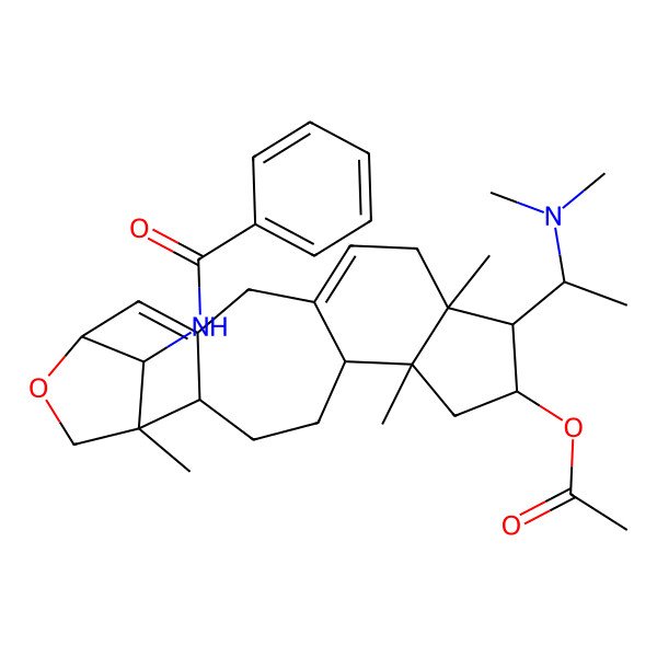2D Structure of [20-Benzamido-9-[1-(dimethylamino)ethyl]-1,6,10-trimethyl-18-oxapentacyclo[15.2.1.02,15.05,13.06,10]icosa-12,15-dien-8-yl] acetate