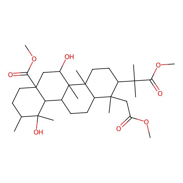 2D Structure of methyl (1R,2R,4aR,4bR,5S,6aS,9R,10R,10aS,10bR,12aR)-5,10-dihydroxy-2-(1-methoxy-2-methyl-1-oxopropan-2-yl)-1-(2-methoxy-2-oxoethyl)-1,4a,4b,9,10-pentamethyl-3,4,5,6,7,8,9,10a,10b,11,12,12a-dodecahydro-2H-chrysene-6a-carboxylate