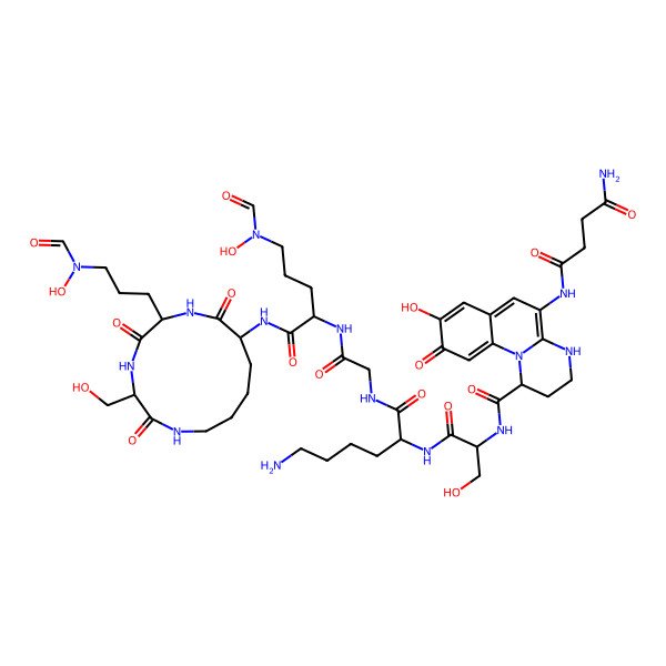 2D Structure of N'-[1-[[1-[[6-amino-1-[[2-[[5-[formyl(hydroxy)amino]-1-[[6-[3-[formyl(hydroxy)amino]propyl]-3-(hydroxymethyl)-2,5,8-trioxo-1,4,7-triazacyclotridec-9-yl]amino]-1-oxopentan-2-yl]amino]-2-oxoethyl]amino]-1-oxohexan-2-yl]amino]-3-hydroxy-1-oxopropan-2-yl]carbamoyl]-8-hydroxy-9-oxo-1,2,3,4-tetrahydropyrimido[1,2-a]quinolin-5-yl]butanediamide