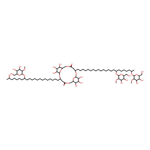 2D Structure of 3-[16,22-Bis[[4,5-dihydroxy-6-(hydroxymethyl)-3-methoxyoxan-2-yl]oxy]tricosyl]-14-[14-[4,5-dihydroxy-6-(hydroxymethyl)-3-methoxyoxan-2-yl]oxy-20-hydroxyhenicosyl]-9,10,11,20,21,22-hexahydroxy-2,6,13,17,23,24-hexaoxatricyclo[17.3.1.18,12]tetracosane-5,16-dione
