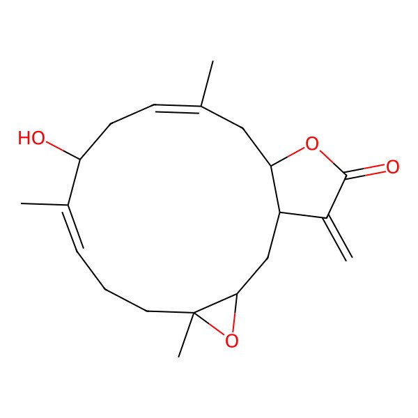 2D Structure of (1R,3S,5S,10S,15S)-10-hydroxy-5,9,13-trimethyl-18-methylidene-4,16-dioxatricyclo[13.3.0.03,5]octadeca-8,12-dien-17-one