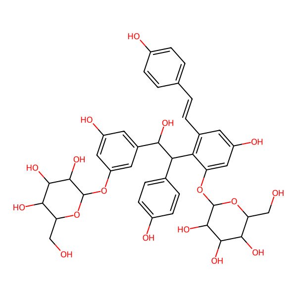 2D Structure of 2-[3-Hydroxy-5-[1-hydroxy-2-[4-hydroxy-2-[2-(4-hydroxyphenyl)ethenyl]-6-[3,4,5-trihydroxy-6-(hydroxymethyl)oxan-2-yl]oxyphenyl]-2-(4-hydroxyphenyl)ethyl]phenoxy]-6-(hydroxymethyl)oxane-3,4,5-triol