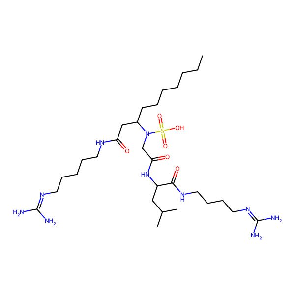 2D Structure of [2-[[(2S)-1-[4-(diaminomethylideneamino)butylamino]-4-methyl-1-oxopentan-2-yl]amino]-2-oxoethyl]-[1-[5-(diaminomethylideneamino)pentylamino]-1-oxodecan-3-yl]sulfamic acid
