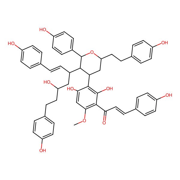 2D Structure of (E)-1-[2,4-dihydroxy-3-[(2S,3S,4R,6S)-3-[(E,3R,5S)-5-hydroxy-1,7-bis(4-hydroxyphenyl)hept-1-en-3-yl]-2-(4-hydroxyphenyl)-6-[2-(4-hydroxyphenyl)ethyl]oxan-4-yl]-6-methoxyphenyl]-3-(4-hydroxyphenyl)prop-2-en-1-one