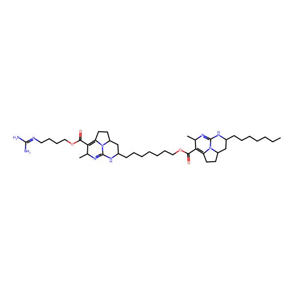 2D Structure of 7-[(4S,6R,10S)-11-[4-(diaminomethylideneamino)butoxycarbonyl]-10-methyl-7,9,12-triazatricyclo[6.3.1.04,12]dodeca-1(11),8-dien-6-yl]heptyl (1S,6S,10R)-10-heptyl-6-methyl-7,9,12-triazatricyclo[6.3.1.04,12]dodeca-4,7-diene-5-carboxylate
