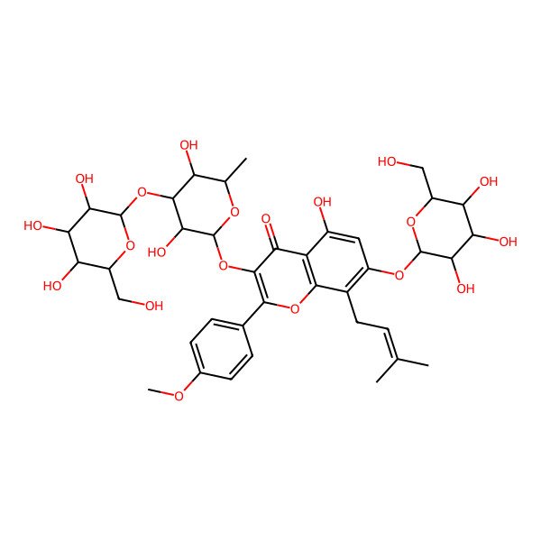 2D Structure of 3-[(2S,3R,4S,5S,6R)-3,5-dihydroxy-6-methyl-4-[(2S,3R,4S,5R,6R)-3,4,5-trihydroxy-6-(hydroxymethyl)oxan-2-yl]oxyoxan-2-yl]oxy-5-hydroxy-2-(4-methoxyphenyl)-8-(3-methylbut-2-enyl)-7-[(2S,3S,4S,5S,6S)-3,4,5-trihydroxy-6-(hydroxymethyl)oxan-2-yl]oxychromen-4-one