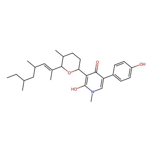 2D Structure of 3-[(2S,5R,6R)-6-[(E,4R,6S)-4,6-dimethyloct-2-en-2-yl]-5-methyloxan-2-yl]-2-hydroxy-5-(4-hydroxyphenyl)-1-methylpyridin-4-one