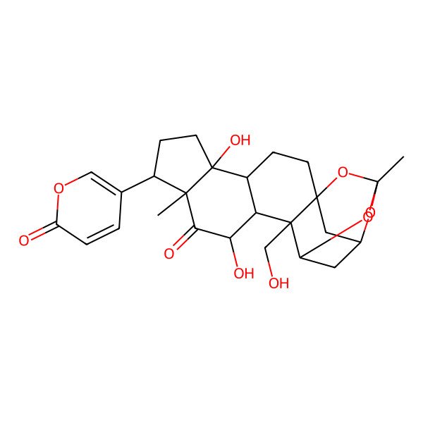 2D Structure of (1S,4R,5S,8R,9R,11S,12S,13R,14R,16R,18S)-5,11-dihydroxy-13-(hydroxymethyl)-9,16-dimethyl-8-(6-oxopyran-3-yl)-15,17,20-trioxahexacyclo[14.3.1.114,18.01,13.04,12.05,9]henicosan-10-one