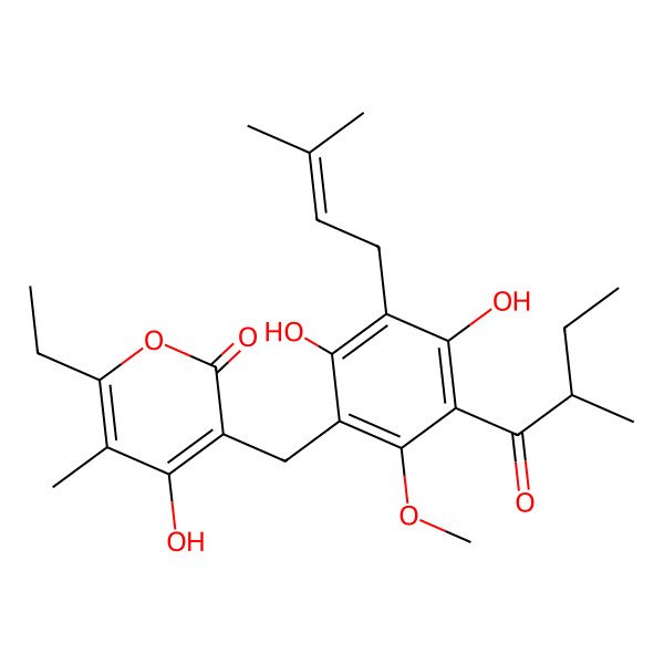 2D Structure of 3-[[2,4-Dihydroxy-6-methoxy-5-(2-methylbutanoyl)-3-(3-methylbut-2-enyl)phenyl]methyl]-6-ethyl-4-hydroxy-5-methylpyran-2-one