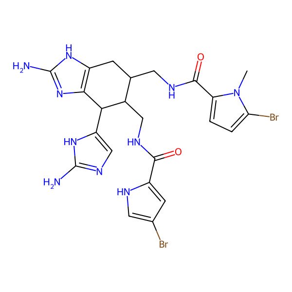 2D Structure of N-[[2-amino-7-(2-amino-1H-imidazol-5-yl)-6-[[(4-bromo-1H-pyrrole-2-carbonyl)amino]methyl]-4,5,6,7-tetrahydro-3H-benzimidazol-5-yl]methyl]-5-bromo-1-methylpyrrole-2-carboxamide