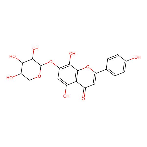 2D Structure of 5,8-dihydroxy-2-(4-hydroxyphenyl)-7-[(2S,3R,4S,5R)-3,4,5-trihydroxyoxan-2-yl]oxychromen-4-one