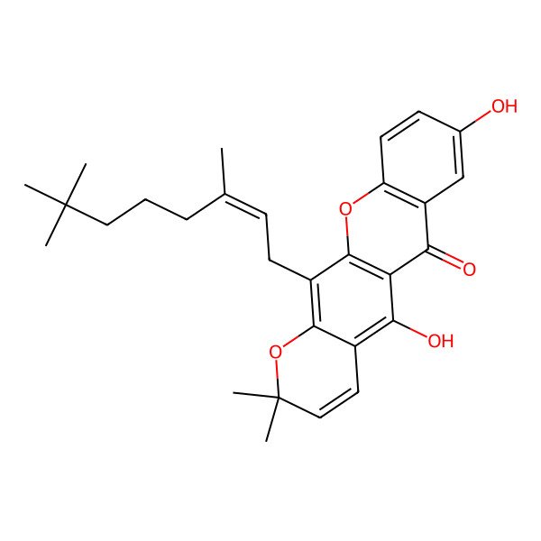 2D Structure of 5,8-Dihydroxy-2,2-dimethyl-12-(3,7,7-trimethyloct-2-enyl)pyrano[3,2-b]xanthen-6-one