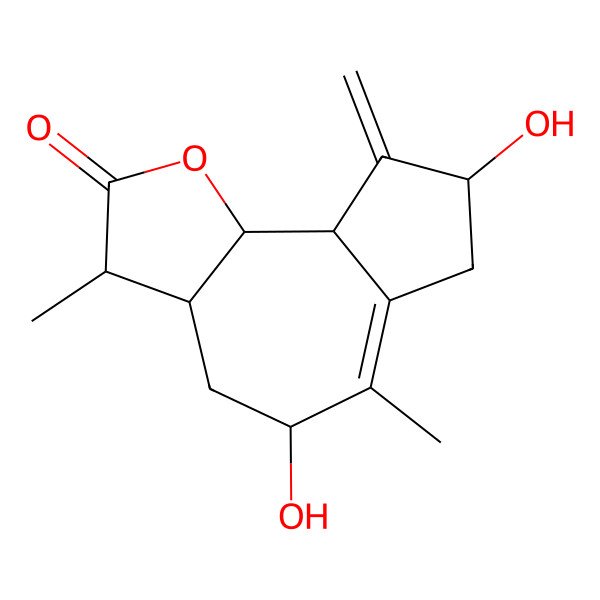 2D Structure of 5,8-Dihydroxy-3,6-dimethyl-9-methylidene-3,3a,4,5,7,8,9a,9b-octahydroazuleno[4,5-b]furan-2-one