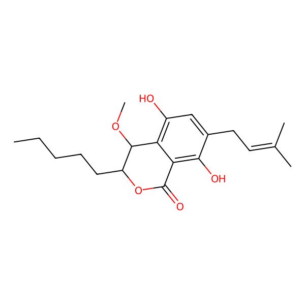 2D Structure of 5,8-Dihydroxy-4-methoxy-7-(3-methylbut-2-enyl)-3-pentyl-3,4-dihydroisochromen-1-one