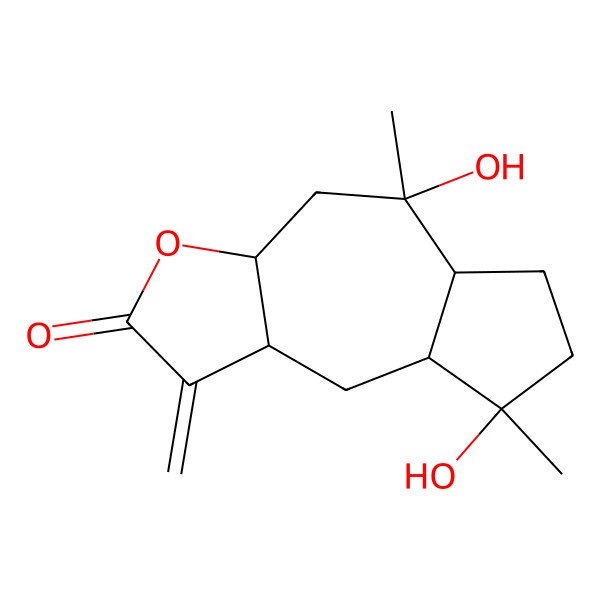 2D Structure of 5,8-Dihydroxy-5,8-dimethyl-1-methylidene-3a,4,5a,6,7,8a,9,9a-octahydroazuleno[6,5-b]furan-2-one
