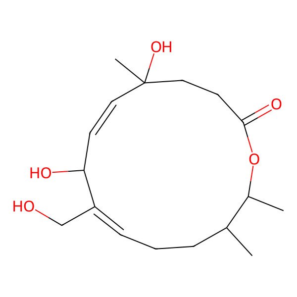2D Structure of 5,8-Dihydroxy-9-(hydroxymethyl)-5,13,14-trimethyl-1-oxacyclotetradeca-6,9-dien-2-one