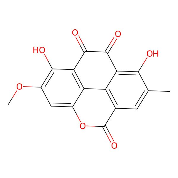 2D Structure of 7,12-Dihydroxy-13-methoxy-6-methyl-2-oxatetracyclo[6.6.2.04,16.011,15]hexadeca-1(14),4(16),5,7,11(15),12-hexaene-3,9,10-trione