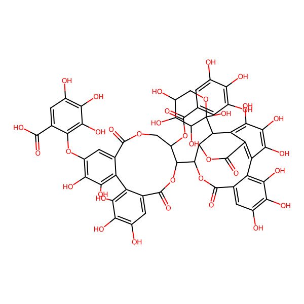 2D Structure of 2-[[12-[2,3,4,7,8,9-Hexahydroxy-12,17-dioxo-19-(2,3,4,5-tetrahydroxyoxan-2-yl)-13,16-dioxatetracyclo[13.3.1.05,18.06,11]nonadeca-1,3,5(18),6,8,10-hexaen-14-yl]-3,4,17,18,19-pentahydroxy-8,14-dioxo-11-(3,4,5-trihydroxybenzoyl)oxy-9,13-dioxatricyclo[13.4.0.02,7]nonadeca-1(19),2,4,6,15,17-hexaen-5-yl]oxy]-3,4,5-trihydroxybenzoic acid