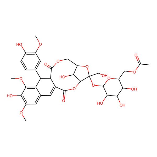 2D Structure of [(2R,3S,4S,5R,6R)-6-[[(1S,12R,13R,17R,19S,20R)-9,20-dihydroxy-12-(4-hydroxy-3-methoxyphenyl)-19-(hydroxymethyl)-8,10-dimethoxy-3,14-dioxo-2,15,18-trioxatetracyclo[15.2.1.04,13.06,11]icosa-4,6,8,10-tetraen-19-yl]oxy]-3,4,5-trihydroxyoxan-2-yl]methyl acetate