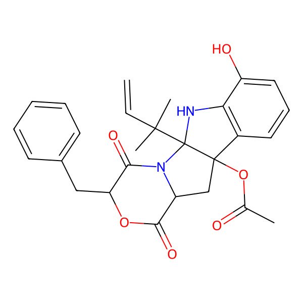 2D Structure of [(1R,4S,7S,9S)-4-benzyl-14-hydroxy-1-(2-methylbut-3-en-2-yl)-3,6-dioxo-5-oxa-2,16-diazatetracyclo[7.7.0.02,7.010,15]hexadeca-10(15),11,13-trien-9-yl] acetate