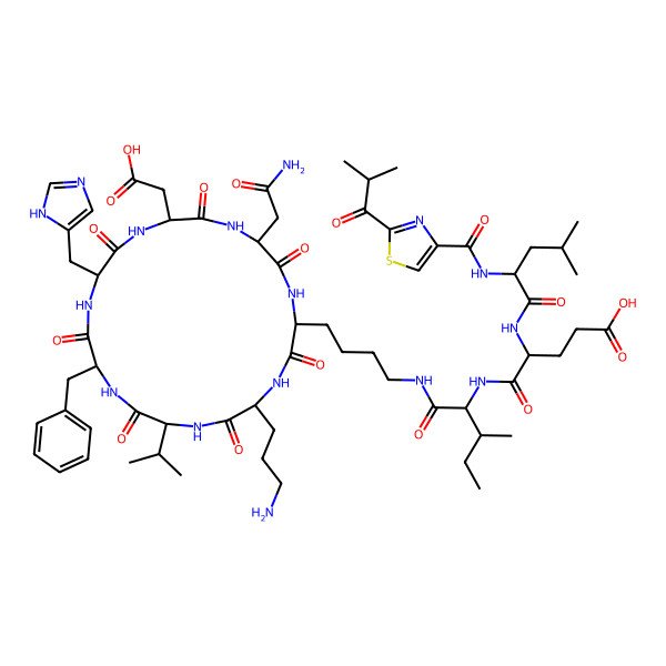 2D Structure of (4R)-5-[[(2S,3S)-1-[4-[(2S,5R,8S,11R,14S,17R,20S)-20-(2-amino-2-oxoethyl)-5-(3-aminopropyl)-11-benzyl-17-(carboxymethyl)-14-(1H-imidazol-5-ylmethyl)-3,6,9,12,15,18,21-heptaoxo-8-propan-2-yl-1,4,7,10,13,16,19-heptazacyclohenicos-2-yl]butylamino]-3-methyl-1-oxopentan-2-yl]amino]-4-[[(2S)-4-methyl-2-[[2-(2-methylpropanoyl)-1,3-thiazole-4-carbonyl]amino]pentanoyl]amino]-5-oxopentanoic acid