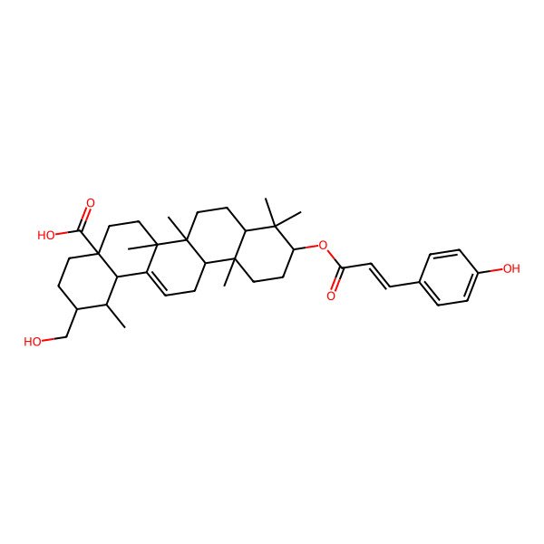 2D Structure of (1R,2R,4aS,6aR,6aS,6bR,8aR,10S,12aR,14bS)-2-(hydroxymethyl)-10-[(E)-3-(4-hydroxyphenyl)prop-2-enoyl]oxy-1,6a,6b,9,9,12a-hexamethyl-2,3,4,5,6,6a,7,8,8a,10,11,12,13,14b-tetradecahydro-1H-picene-4a-carboxylic acid