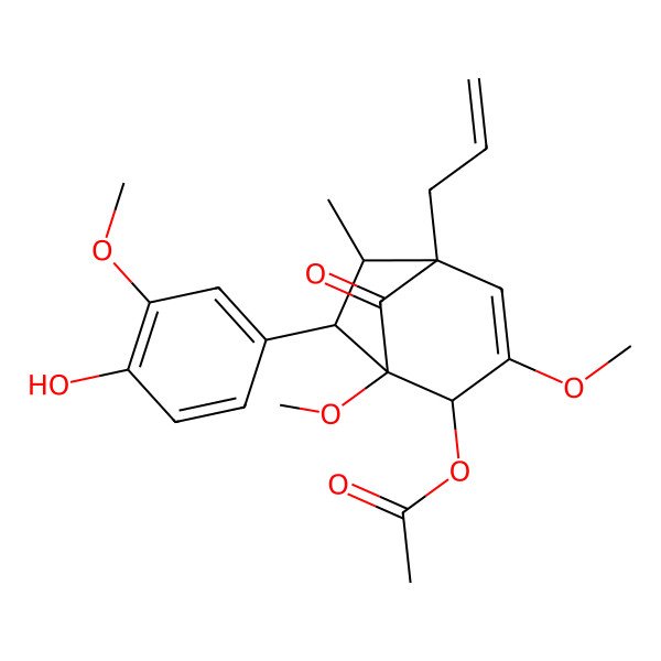 2D Structure of [(1S,2R,5S,6S,7R)-7-(4-hydroxy-3-methoxyphenyl)-1,3-dimethoxy-6-methyl-8-oxo-5-prop-2-enyl-2-bicyclo[3.2.1]oct-3-enyl] acetate