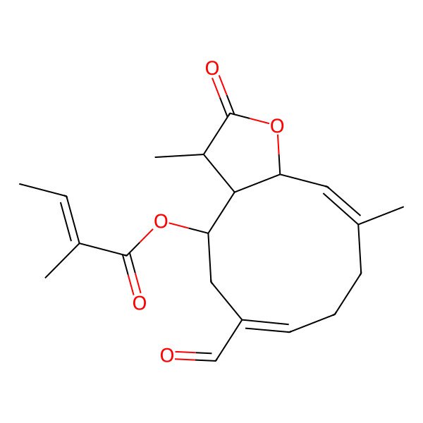 2D Structure of (6-formyl-3,10-dimethyl-2-oxo-3a,4,5,8,9,11a-hexahydro-3H-cyclodeca[b]furan-4-yl) 2-methylbut-2-enoate