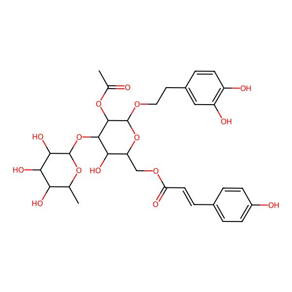 2D Structure of [5-Acetyloxy-6-[2-(3,4-dihydroxyphenyl)ethoxy]-3-hydroxy-4-(3,4,5-trihydroxy-6-methyloxan-2-yl)oxyoxan-2-yl]methyl 3-(4-hydroxyphenyl)prop-2-enoate