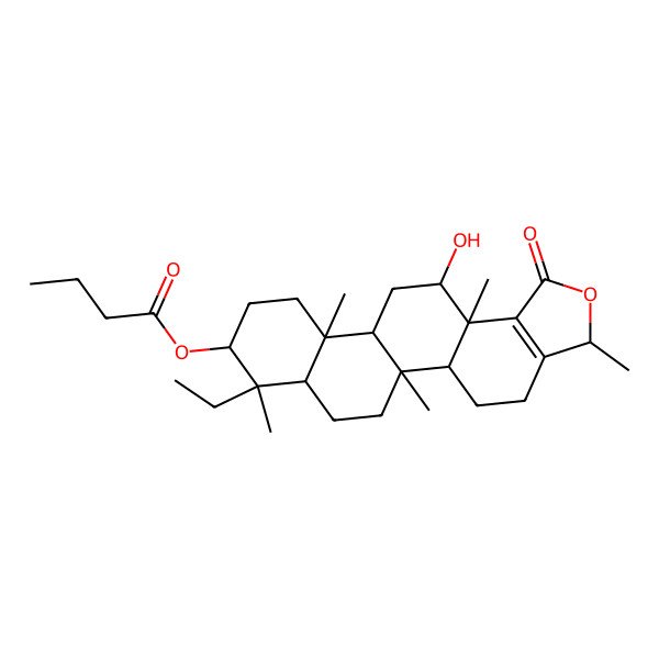 2D Structure of (8-ethyl-13-hydroxy-3,5b,8,11a,13a-pentamethyl-1-oxo-4,5,5a,6,7,7a,9,10,11,11b,12,13-dodecahydro-3H-phenanthro[2,1-e][2]benzofuran-9-yl) butanoate