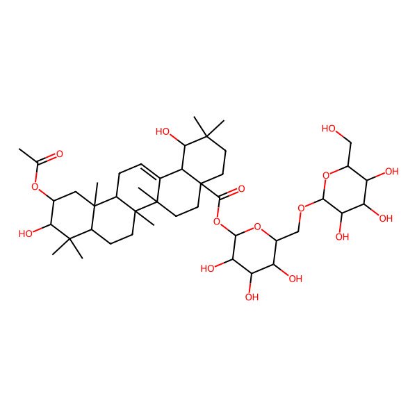 2D Structure of [(2S,3R,4S,5S,6R)-3,4,5-trihydroxy-6-[[(2R,3R,4S,5S,6R)-3,4,5-trihydroxy-6-(hydroxymethyl)oxan-2-yl]oxymethyl]oxan-2-yl] (1S,4aR,6aR,6aS,6bR,8aR,10S,11R,12aR,14bS)-11-acetyloxy-1,10-dihydroxy-2,2,6a,6b,9,9,12a-heptamethyl-1,3,4,5,6,6a,7,8,8a,10,11,12,13,14b-tetradecahydropicene-4a-carboxylate