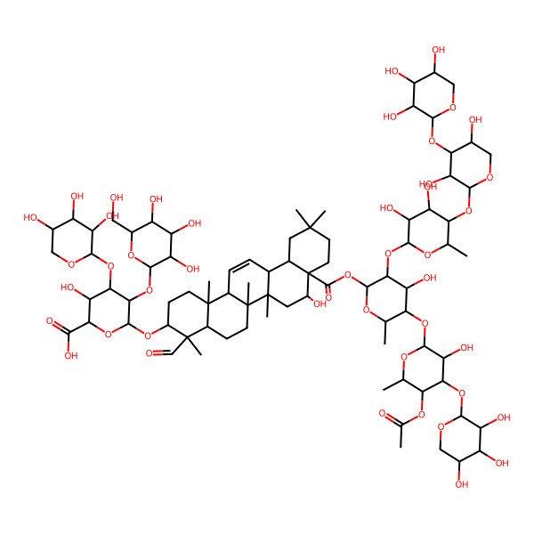 2D Structure of (2S,3S,4S,5R,6R)-6-[[(3S,4S,4aR,6aR,6aR,6bR,8R,8aR,12aS,14aR,14bS)-8a-[(2S,3R,4S,5R,6R)-5-[(2S,3R,4R,5R,6R)-5-acetyloxy-3-hydroxy-6-methyl-4-[(2S,3R,4S,5R)-3,4,5-trihydroxyoxan-2-yl]oxyoxan-2-yl]oxy-3-[(2S,3R,4S,5R,6S)-5-[(2S,3R,4S,5R)-3,5-dihydroxy-4-[(2S,3R,4S,5R)-3,4,5-trihydroxyoxan-2-yl]oxyoxan-2-yl]oxy-3,4-dihydroxy-6-methyloxan-2-yl]oxy-4-hydroxy-6-methyloxan-2-yl]oxycarbonyl-4-formyl-8-hydroxy-4,6a,6b,11,11,14b-hexamethyl-1,2,3,4a,5,6,6a,7,8,9,10,12,12a,14a-tetradecahydropicen-3-yl]oxy]-3-hydroxy-5-[(2S,3R,4S,5R,6R)-3,4,5-trihydroxy-6-(hydroxymethyl)oxan-2-yl]oxy-4-[(2S,3R,4S,5R)-3,4,5-trihydroxyoxan-2-yl]oxyoxane-2-carboxylic acid