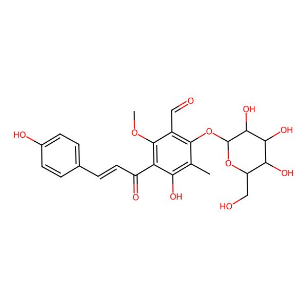 2D Structure of 4-hydroxy-3-[(E)-3-(4-hydroxyphenyl)prop-2-enoyl]-2-methoxy-5-methyl-6-[(2S,3R,4S,5S,6R)-3,4,5-trihydroxy-6-(hydroxymethyl)oxan-2-yl]oxybenzaldehyde