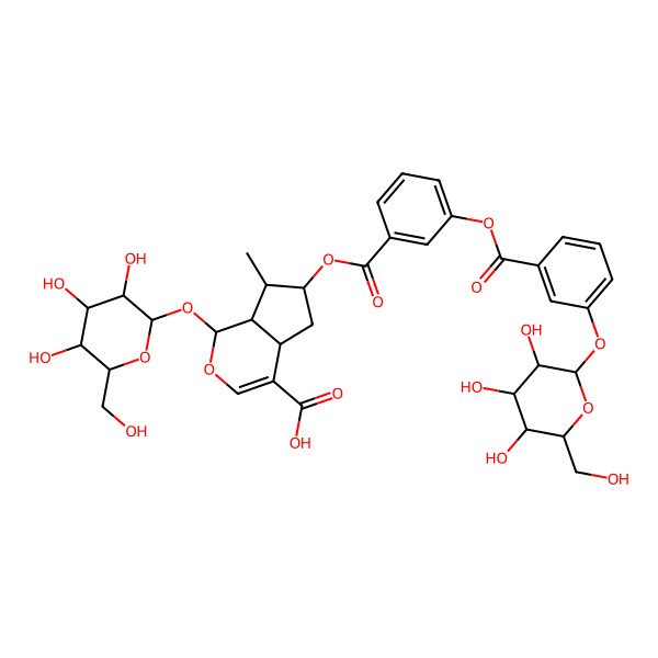 2D Structure of 7-Methyl-1-[3,4,5-trihydroxy-6-(hydroxymethyl)oxan-2-yl]oxy-6-[3-[3-[3,4,5-trihydroxy-6-(hydroxymethyl)oxan-2-yl]oxybenzoyl]oxybenzoyl]oxy-1,4a,5,6,7,7a-hexahydrocyclopenta[c]pyran-4-carboxylic acid