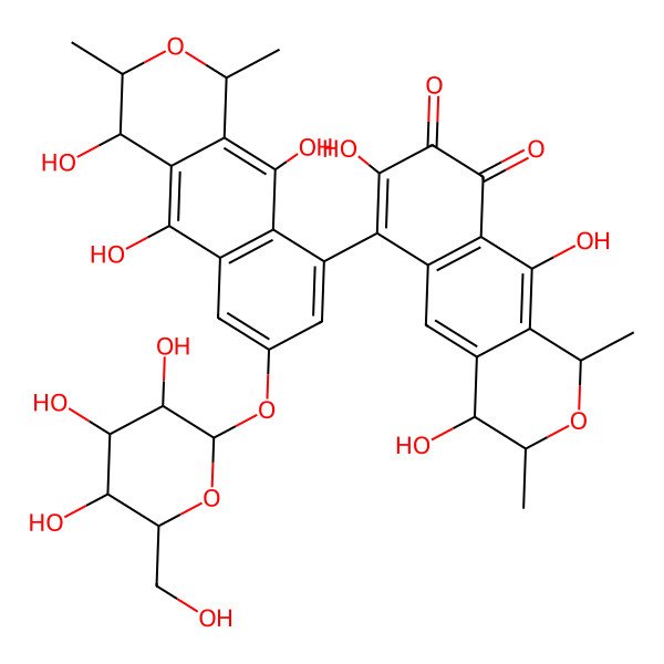 2D Structure of (1R,3R,4S)-4,7,10-trihydroxy-1,3-dimethyl-6-[(1R,3R,4S)-4,5,10-trihydroxy-1,3-dimethyl-7-[(2S,3R,4S,5S,6R)-3,4,5-trihydroxy-6-(hydroxymethyl)oxan-2-yl]oxy-3,4-dihydro-1H-benzo[g]isochromen-9-yl]-3,4-dihydro-1H-benzo[g]isochromene-8,9-dione